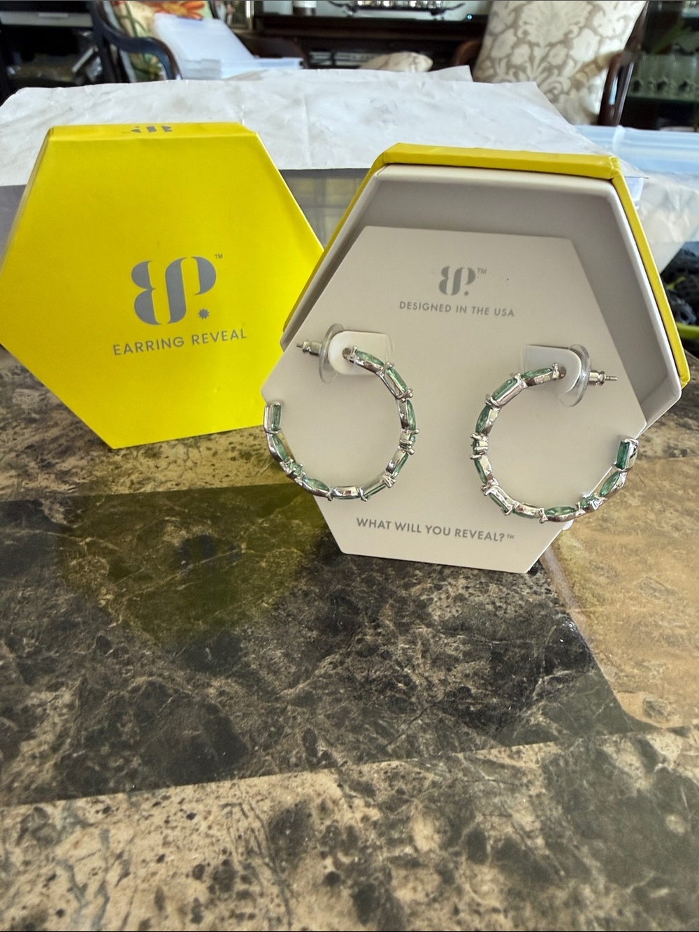 bp Rhodium Hoop Earrings with Green Crystals